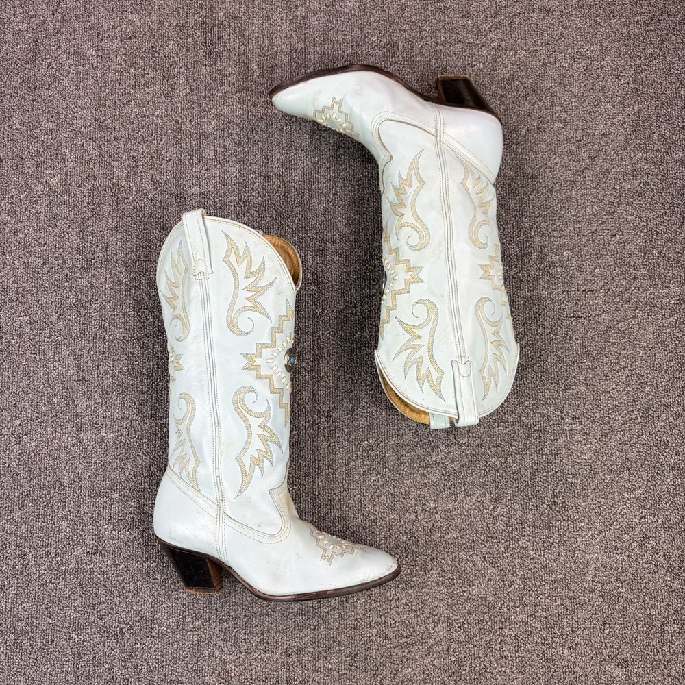 Vintage Dan Post Baby Blue Leather‎ Cowgirl Boots 7.5 M USA Made Native Design